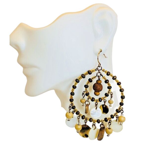 Native Style Beaded Dreamcatcher Hoop Earrings Gold Tone Large Shell , 3.5" - Picture 2 of 9